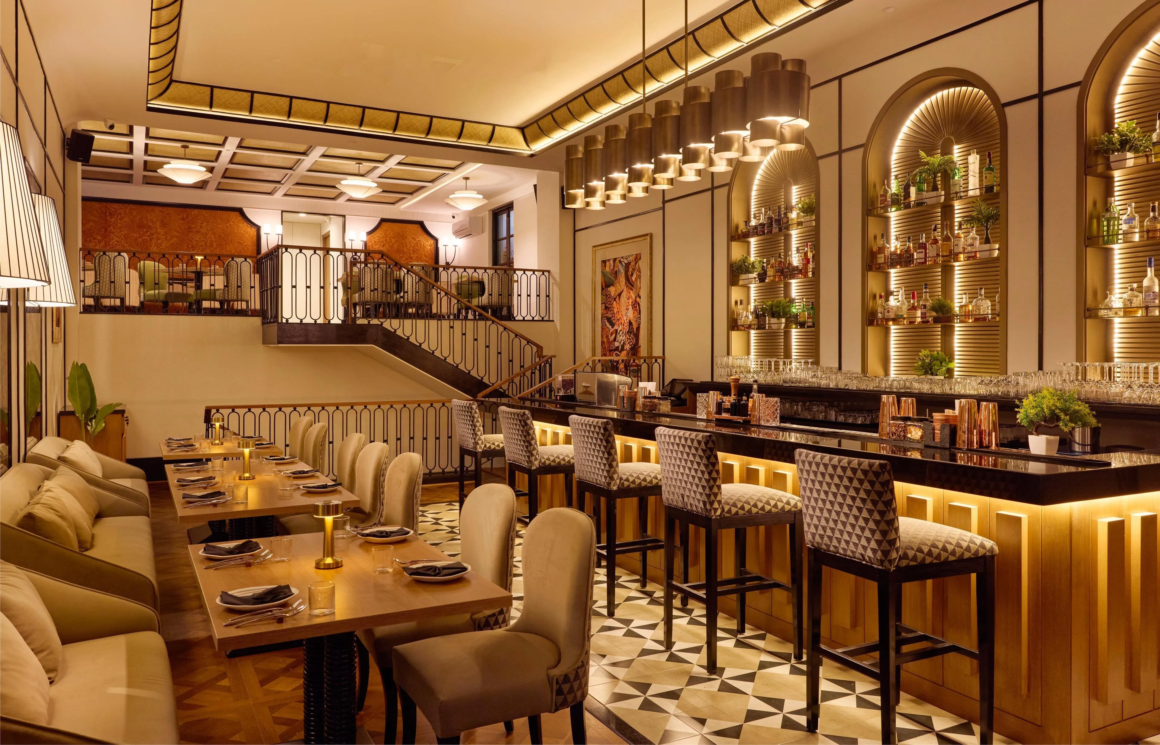 FIRO restaurant interior — dining room and central bar, R.A. Puram